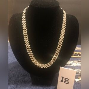 Silver Cuban Concave Link Necklace CZ Gemstones Necklace